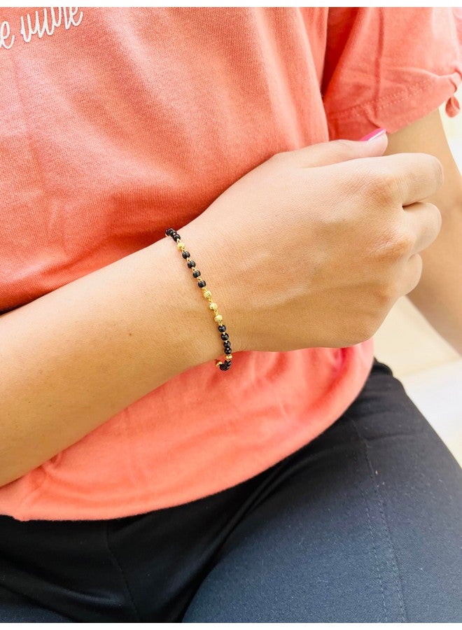 JHB Golden Gold-Plated Brass Bracelet 3 pis Combo for Women (Black Bead Hand Mangalsutra Bracelet) - Image 2