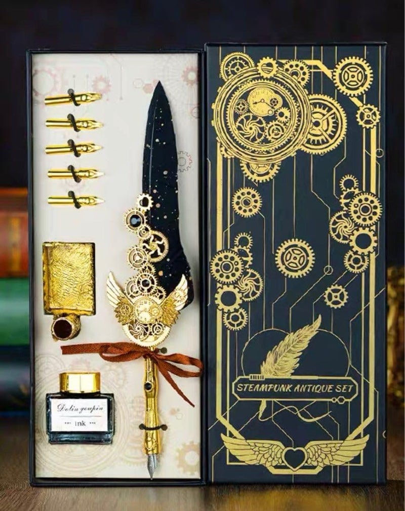 PLUSPOINT Vintage Quill Feather Pen and Ink Set, 8 pc pack Elegant Writing Luxury Fountain Calligraphy Ink Pen Set Retro Decor Dip Pen Office Stationery Corporate Gifting for Signature, Multicolor - Image 3