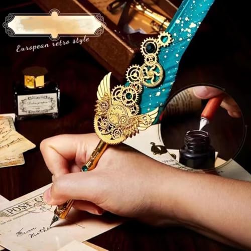 PLUSPOINT Vintage Quill Feather Pen and Ink Set, 8 pc pack Elegant Writing Luxury Fountain Calligraphy Ink Pen Set Retro Decor Dip Pen Office Stationery Corporate Gifting for Signature, Multicolor - Image 5