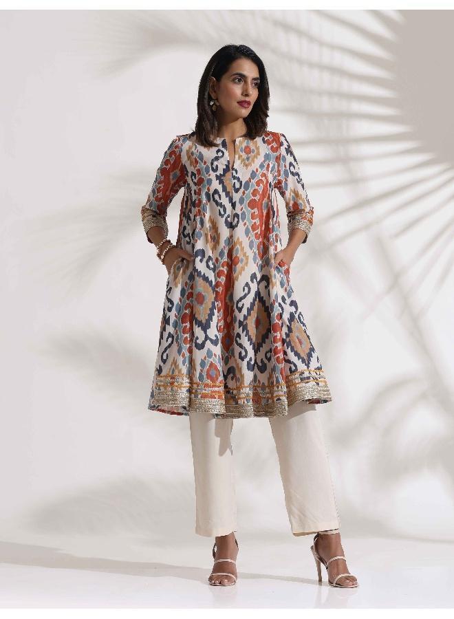 trueBrowns Off White Ikat Print Anarkali Kurta Co-ord Set - Image 1