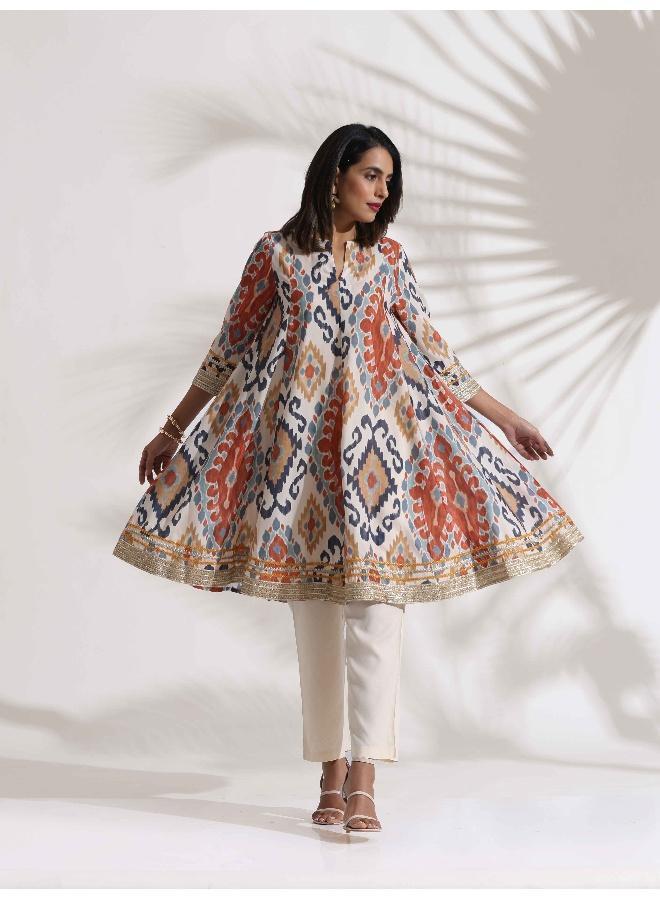 trueBrowns Off White Ikat Print Anarkali Kurta Co-ord Set - Image 3