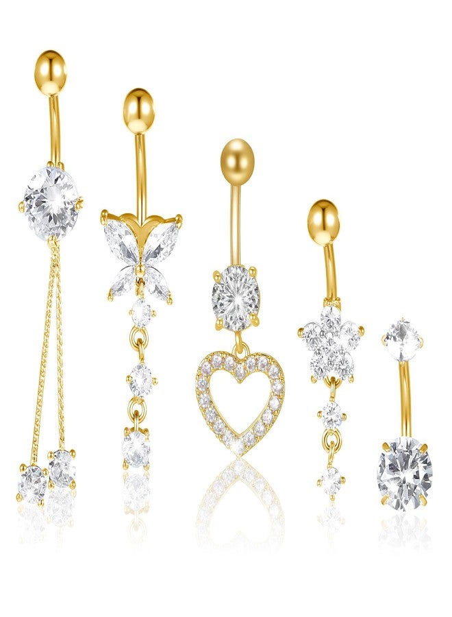 ElevateTech 5 Pcs Surgical Stainless Steel Dangle Belly Button Rings for Women Heart Flower Butterfly Belly Button Ring Dangling Piercing Jewelry, Gold - Image 1