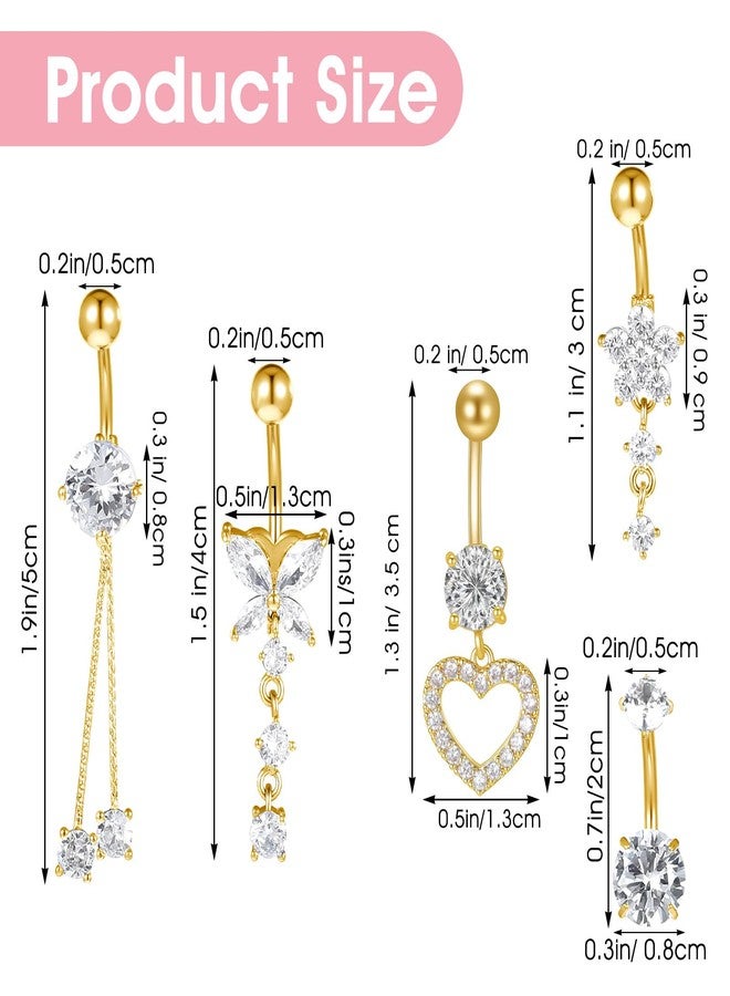 ElevateTech 5 Pcs Surgical Stainless Steel Dangle Belly Button Rings for Women Heart Flower Butterfly Belly Button Ring Dangling Piercing Jewelry, Gold - Image 2