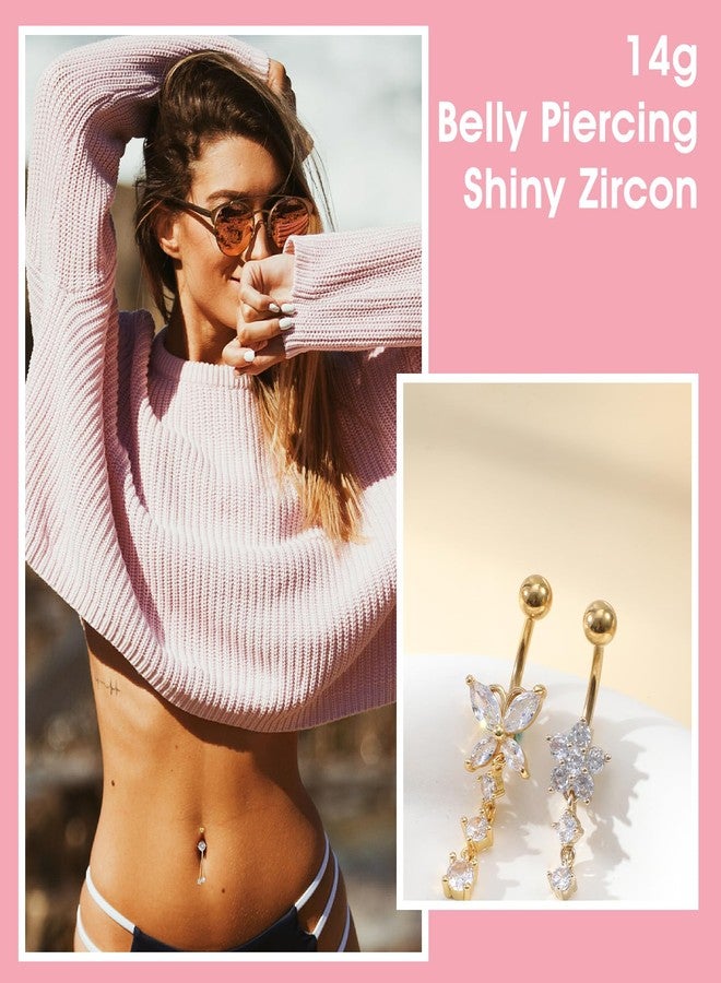 ElevateTech 5 Pcs Surgical Stainless Steel Dangle Belly Button Rings for Women Heart Flower Butterfly Belly Button Ring Dangling Piercing Jewelry, Gold - Image 5