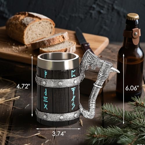INSYOHO Viking Beer Mug 20oz Stainless Steel Double Wall Heavy Mug, Hand-Carved Oak with Norse Runes, Axe Handle Tankard Gifts for Men Medieval Drinking Cup, Cool Beer Stein for Home Bar Viking Decor - Image 2