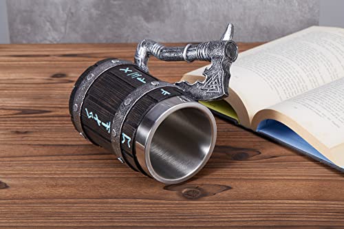 INSYOHO Viking Beer Mug 20oz Stainless Steel Double Wall Heavy Mug, Hand-Carved Oak with Norse Runes, Axe Handle Tankard Gifts for Men Medieval Drinking Cup, Cool Beer Stein for Home Bar Viking Decor - Image 5