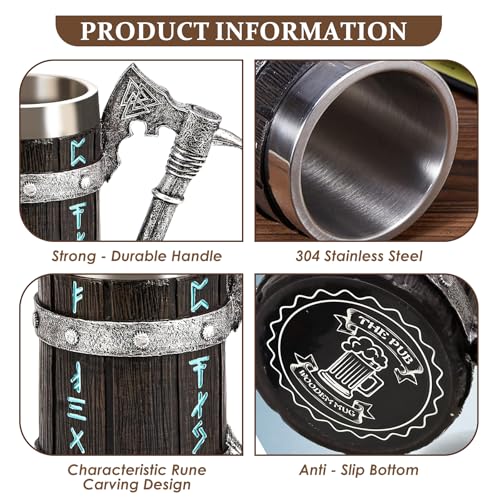 INSYOHO Viking Beer Mug 20oz Stainless Steel Double Wall Heavy Mug, Hand-Carved Oak with Norse Runes, Axe Handle Tankard Gifts for Men Medieval Drinking Cup, Cool Beer Stein for Home Bar Viking Decor - Image 4