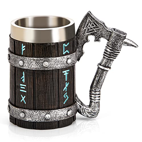 INSYOHO Viking Beer Mug 20oz Stainless Steel Double Wall Heavy Mug, Hand-Carved Oak with Norse Runes, Axe Handle Tankard Gifts for Men Medieval Drinking Cup, Cool Beer Stein for Home Bar Viking Decor - Image 1