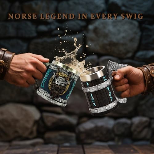 INSYOHO Viking Beer Mug 20oz Stainless Steel Double Wall Heavy Mug, Hand-Carved Oak with Norse Runes, Axe Handle Tankard Gifts for Men Medieval Drinking Cup, Cool Beer Stein for Home Bar Viking Decor - Image 3