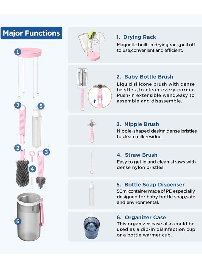 Sharpdo Portable Bottle Brush Cleaner Set, Travel Bottle Cleaner Kit for Baby with Silicone Bottle, Nipple and Straw Brush, Stirring Head, Soap Dispenser, Drying Rack and Storage Box, Pink - Image 3