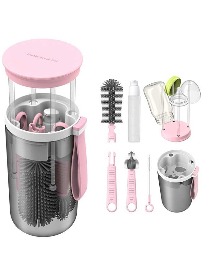 Sharpdo Portable Bottle Brush Cleaner Set, Travel Bottle Cleaner Kit for Baby with Silicone Bottle, Nipple and Straw Brush, Stirring Head, Soap Dispenser, Drying Rack and Storage Box, Pink - Image 1