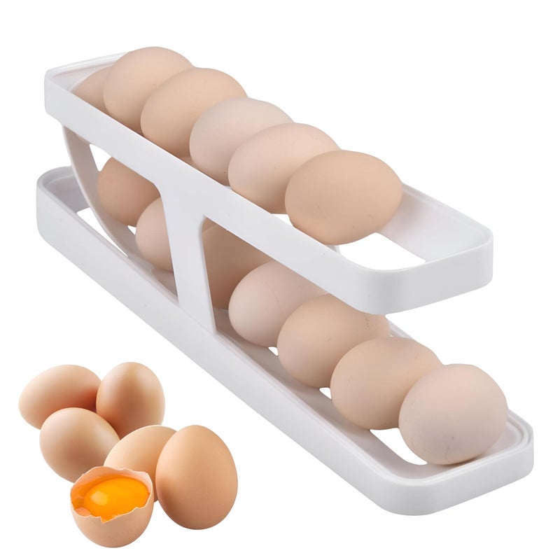 ROTATING EGG HOLDER - Discover the convenience of a double-layer egg organizer designed for your refrigerator, featuring auto rotation that allows quick access to 14 eggs while saving space.