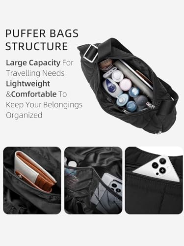 WESTBRONCO Puffer Crescent Shoulder Bag for Women, Nylon Quilted Shoulder Purses, Puffy Handbags with Adjustable Strap (Black) - Image 3