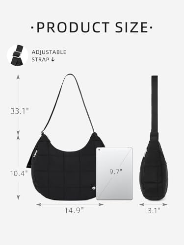 WESTBRONCO Puffer Crescent Shoulder Bag for Women, Nylon Quilted Shoulder Purses, Puffy Handbags with Adjustable Strap (Black) - Image 2