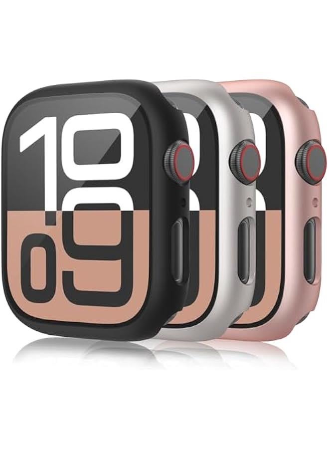 3 Pack Case for Apple Watch Series 10 42mm Hard PC Case with Tempered Glass Screen Protector Waterproof Anti-Scratch Ultra-Thin Protective Cover for iWatch, Black/Rose Gold/Starlight - Image 1