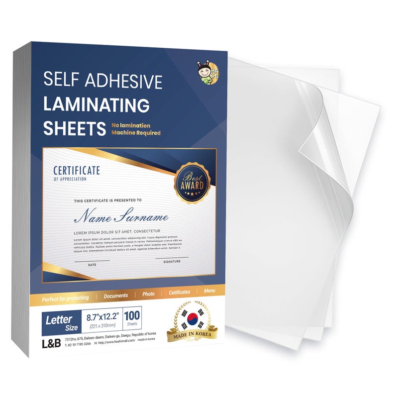 No Heat Laminating Sheets Self Sealing 8.5 x 11 Inch, 100 Pack, 4mil Thickness, Transparent, No Machine Self Adhesive Laminating Sheets, Protect documents and Photos [Letter Size] by HA SHI