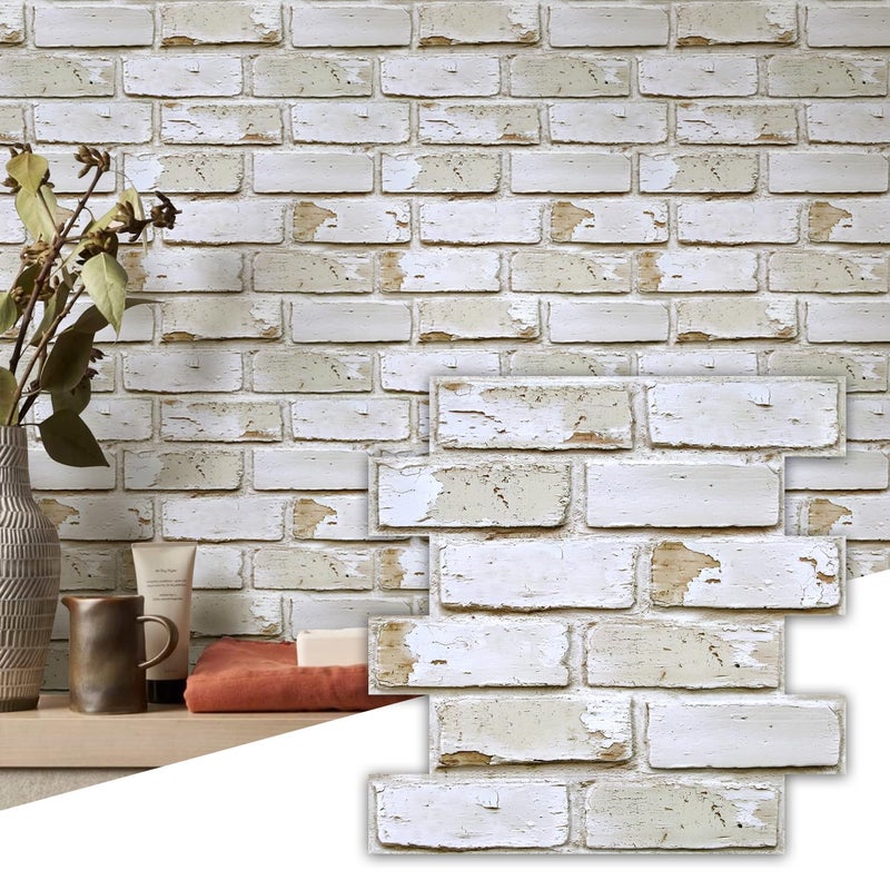 Commomy 10 Pcs 3D Brick Peel and Stick - 11.8"X11.8" Small Size Thin PVC Warm Whitewash Faux Brick Wall Panels for Kitchen Backsplash, Fireplace, Living Room, Interior Wall Tiles - Image 1