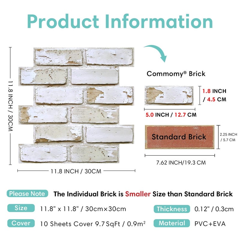 Commomy 10 Pcs 3D Brick Peel and Stick - 11.8"X11.8" Small Size Thin PVC Warm Whitewash Faux Brick Wall Panels for Kitchen Backsplash, Fireplace, Living Room, Interior Wall Tiles - Image 5