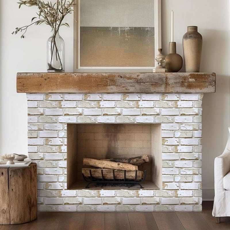 Commomy 10 Pcs 3D Brick Peel and Stick - 11.8"X11.8" Small Size Thin PVC Warm Whitewash Faux Brick Wall Panels for Kitchen Backsplash, Fireplace, Living Room, Interior Wall Tiles - Image 2