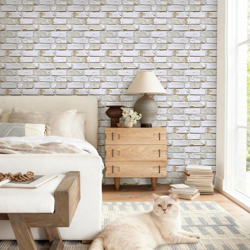 Commomy 10 Pcs 3D Brick Peel and Stick - 11.8"X11.8" Small Size Thin PVC Warm Whitewash Faux Brick Wall Panels for Kitchen Backsplash, Fireplace, Living Room, Interior Wall Tiles - Image 3