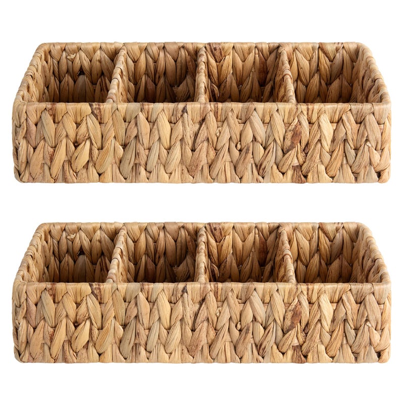 StorageWorks Small Wicker Basket for Organizing with 4Section Natural Water Hyacinth Storage Baskets with Dividers for Pantry Shelves 2Pack