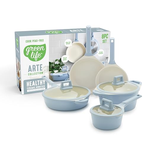 GreenLife 8 Piece Ceramic Nonstick Cookware Set, Induction Suitable Non Toxic PFAS-Free Pots & Pans, Dishwasher Safe, Cooking Set, Stock Pot, Saucepans & Frying Pans, Kitchen Cooking, Light Blue - Image 1