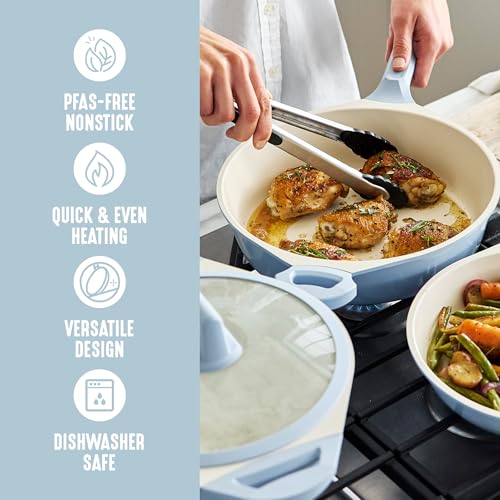 GreenLife 8 Piece Ceramic Nonstick Cookware Set, Induction Suitable Non Toxic PFAS-Free Pots & Pans, Dishwasher Safe, Cooking Set, Stock Pot, Saucepans & Frying Pans, Kitchen Cooking, Light Blue - Image 2