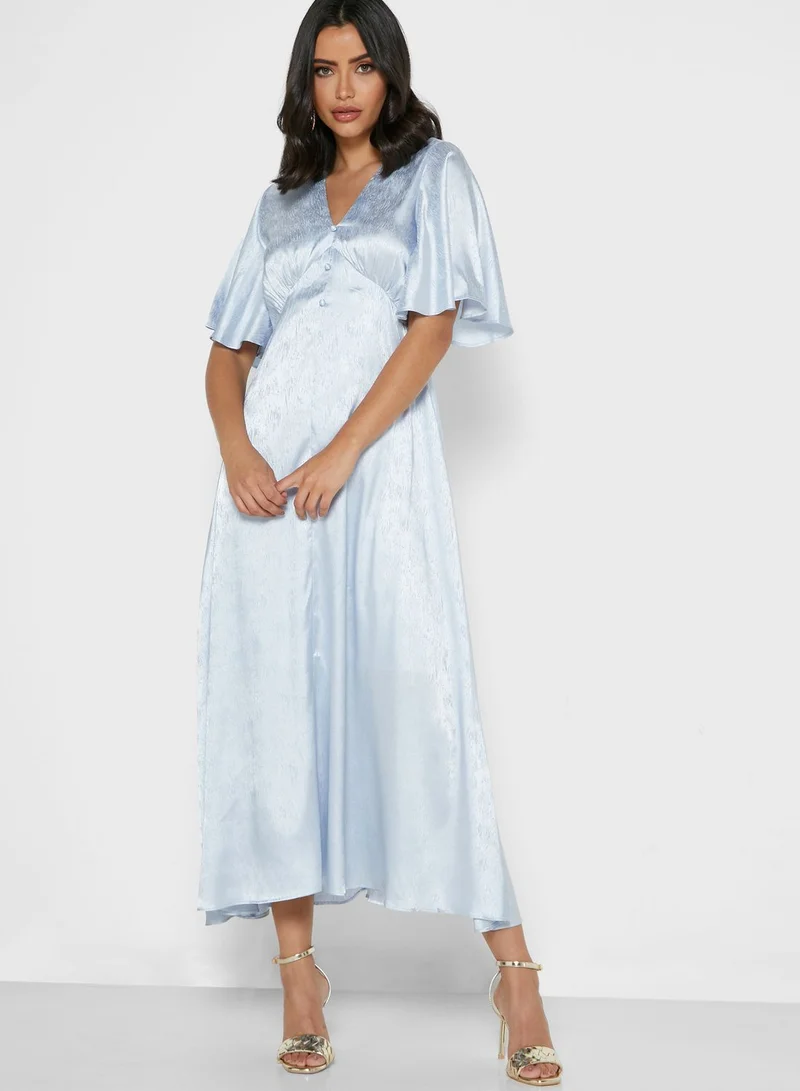 ELLA Wrap Front Button Front Satin Midi Dress