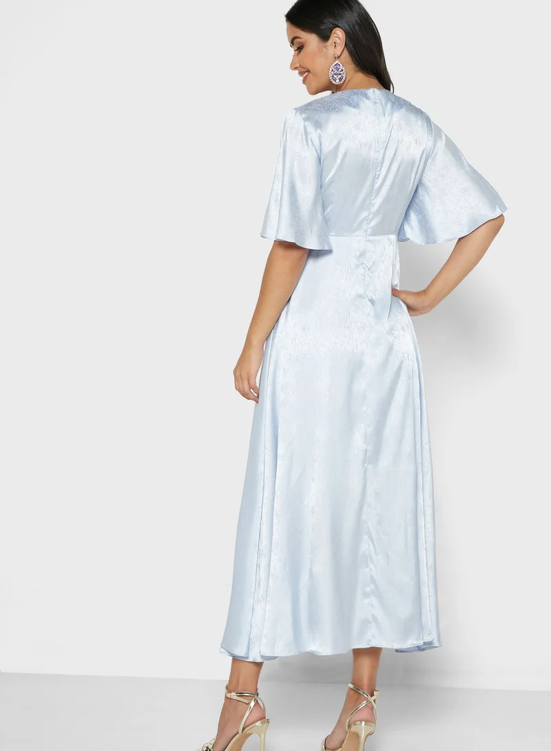 ELLA Wrap Front Button Front Satin Midi Dress