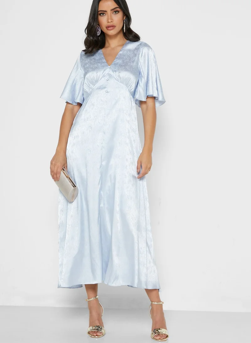 ELLA Wrap Front Button Front Satin Midi Dress