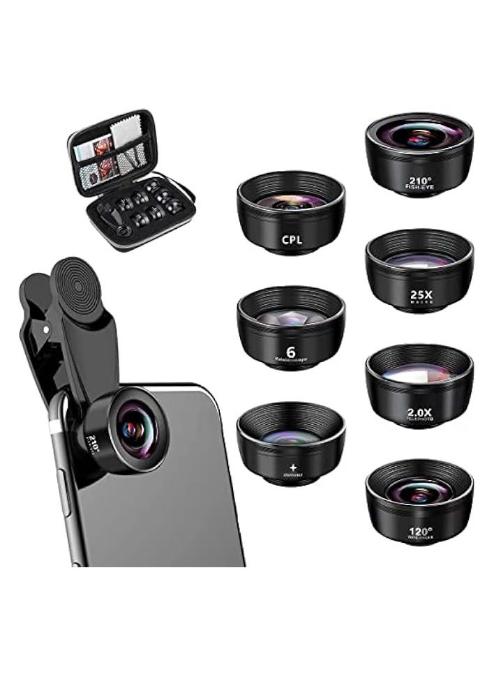 KASTWAVE Phone Lens Kit 7 in 1, 210° Fisheye Lens+ 25X Macro Lens+ 120°Wide Angle Lens+ Telephoto Lens+ CPL+ Kaleidoscope+ Starburst,