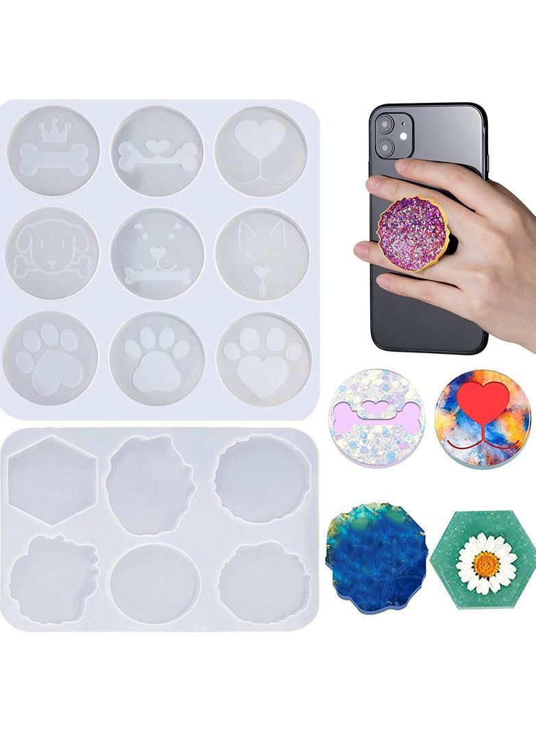 Y&D Phone Grip Mould, Epoxy Resin on Top Kits, 15 Cavity Silicone Irregular Round Mount Holder Stand Moulds with 10Pcs Base for DIY Jewelry Making Supplies - Image 1