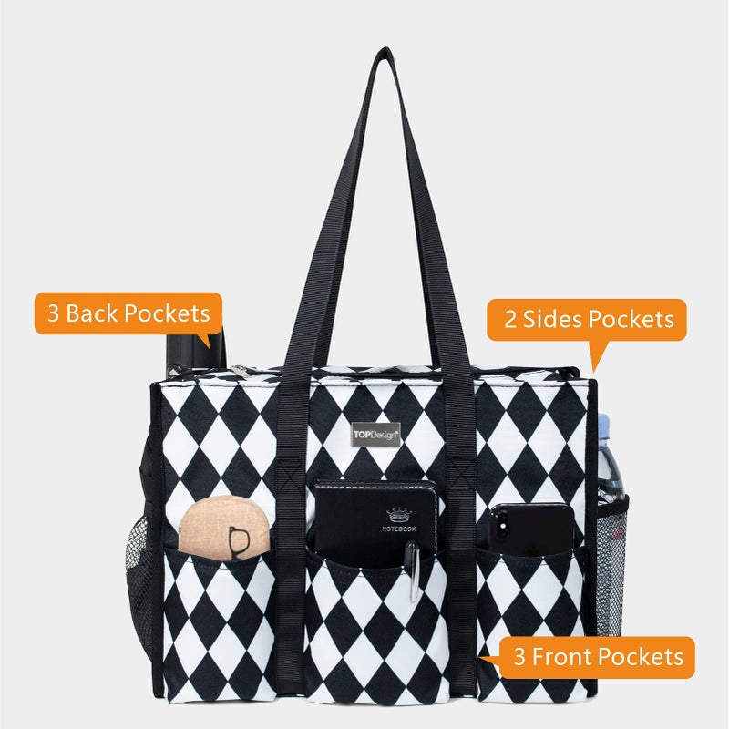TOPDesign Utility Water Resistant Tote Bag with 13 Exterior & Interior Pockets, Top Zipper Closure & Thick Bottom Support, for Working Women, Teachers, Nurses, Accountants (Rhombus) - Image 3