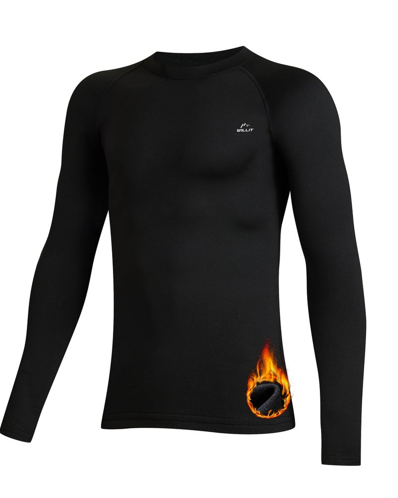 Willit Youth Boys' Compression Thermal Shirts Fleece Baselayer Long Sleeve Girls' Kids Football Soccer Undershirts Black L - Image 1