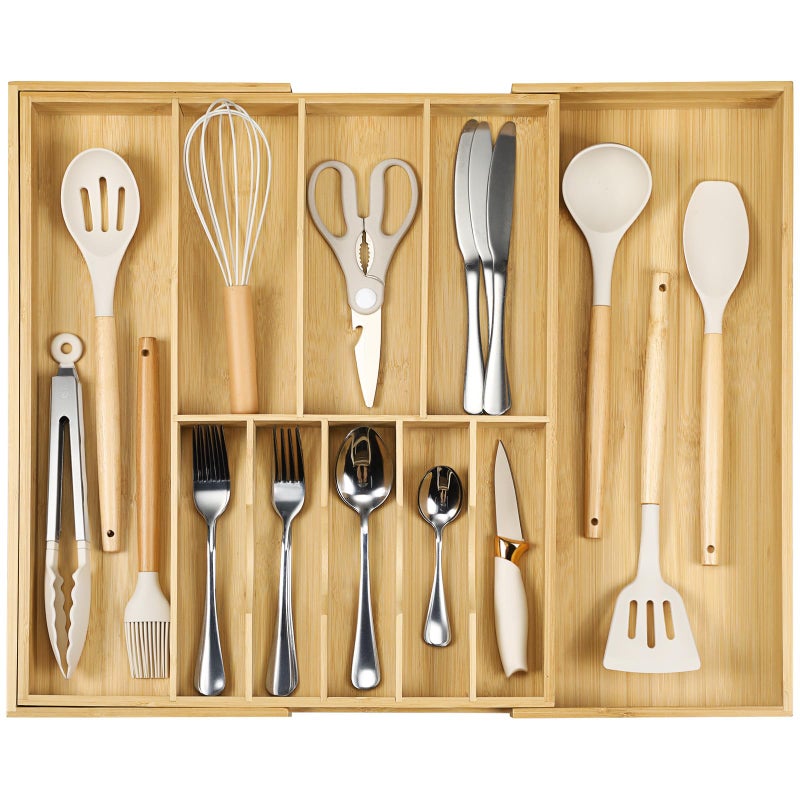 Fabsome Silverware Organizer for Cabinet Drawer Expandable from 167 to 30 Wide Bamboo Wood Flatware Tray for Large Kitchen Drawers Cutlery Utensil Holder