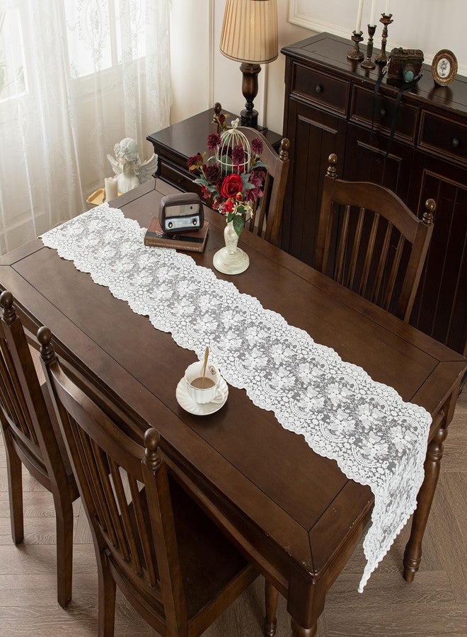 Joyfol Day White Lace Table Runner, Embroidery Cotton Lace Fabric Table Cover, Floral Lace Table Runner Vintage Wedding, Tea Party Decor (14x36 Inch) - Image 3