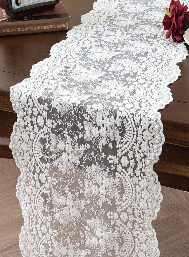 Joyfol Day White Lace Table Runner, Embroidery Cotton Lace Fabric Table Cover, Floral Lace Table Runner Vintage Wedding, Tea Party Decor (14x36 Inch) - Image 2