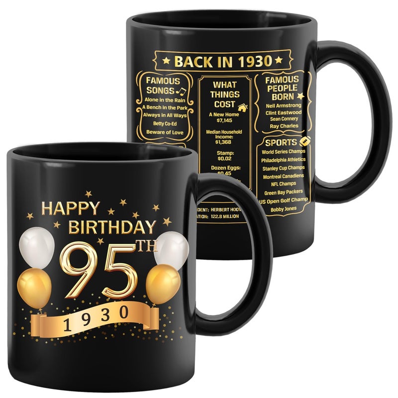 95th Birthday Gifts for Women Men 1930 Old Time Information 95th Birthday Mug 95th Birthday For Her  Him Unique Funny 95th Bday Gift Idea Milestone Birthday 12oz Black Gold