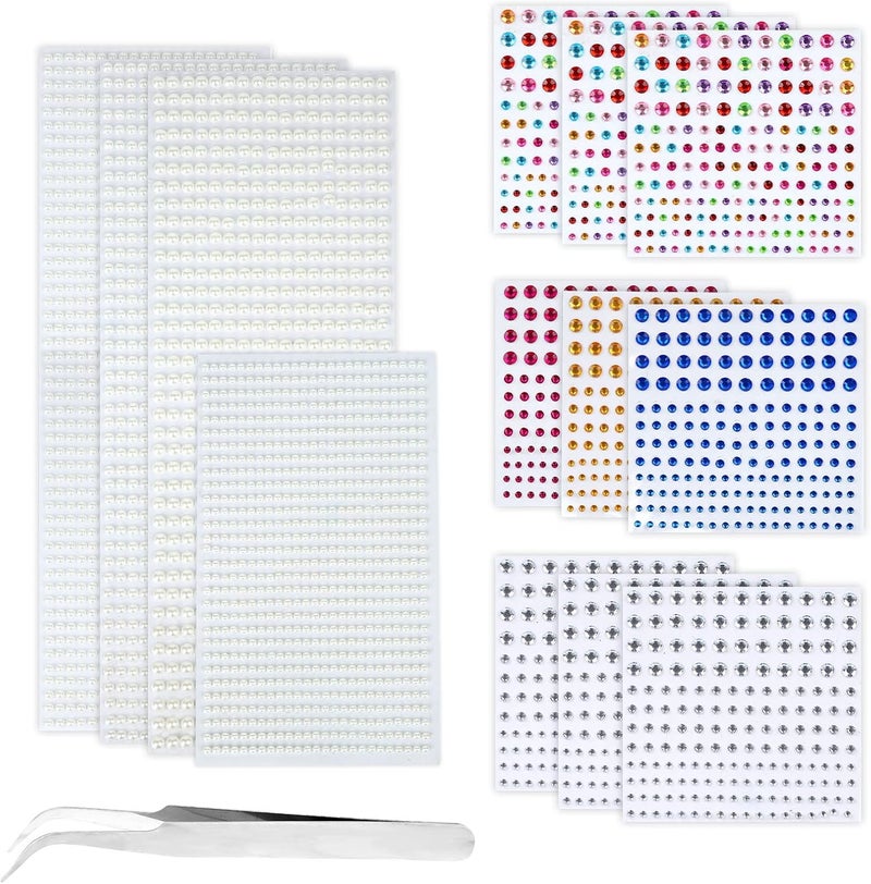 SAVITA 4349pcs Hair Pearls Stickers and Face Rhinestones Stickers, Face Jewels Stickers Self-Adhesive Face Gems Makeup for Hair Face Eye Belly Arm Body Nail Bags Decoration Party