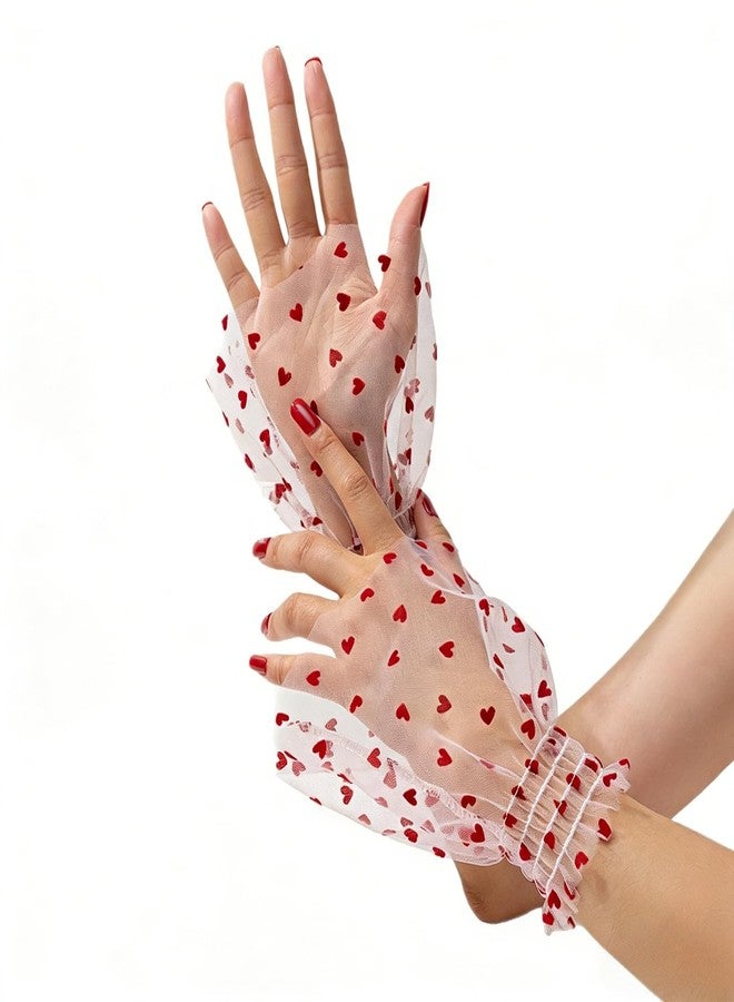 Amazleer Lace Mesh Hand Sleeves, Heart Pattern Elastic Bracelet Cuffs, Elegant Wedding Party Accessories for Women and Girls (Red Heart) - Image 2