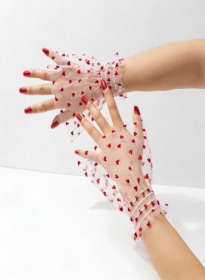Amazleer Lace Mesh Hand Sleeves, Heart Pattern Elastic Bracelet Cuffs, Elegant Wedding Party Accessories for Women and Girls (Red Heart) - Image 3
