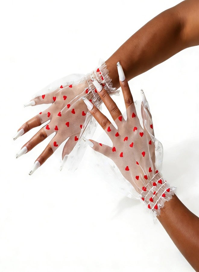 Amazleer Lace Mesh Hand Sleeves, Heart Pattern Elastic Bracelet Cuffs, Elegant Wedding Party Accessories for Women and Girls (Red Heart) - Image 4