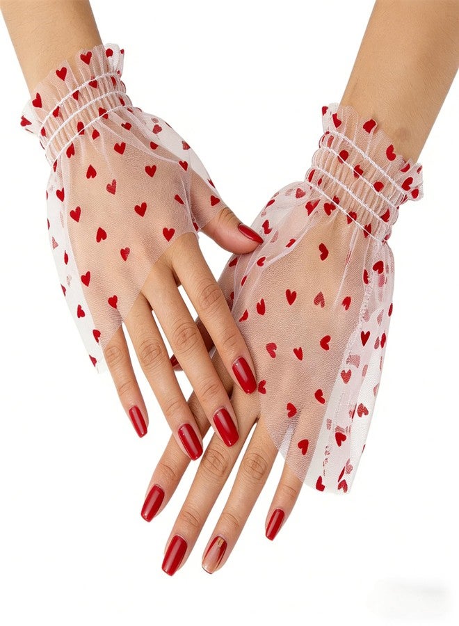 Amazleer Lace Mesh Hand Sleeves, Heart Pattern Elastic Bracelet Cuffs, Elegant Wedding Party Accessories for Women and Girls (Red Heart) - Image 1
