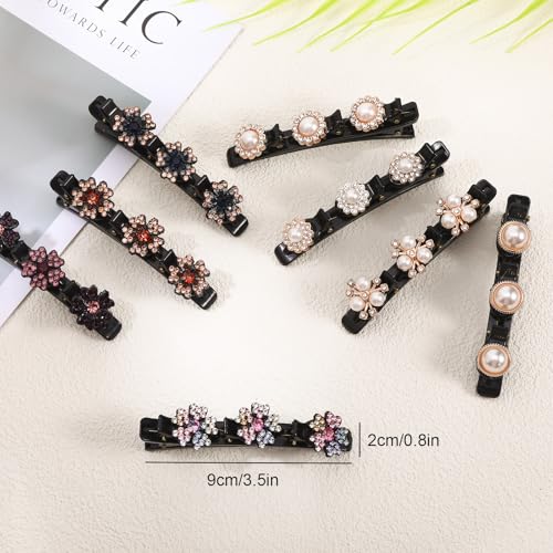 Sploziia Braided Hair Clips for Women, Sparkling Crystal Stone Pearl Barrette, 8PCS Rhinestone Decorative Barrette Clips with 3 Small Flower Hair Accessories for Women, Girls Styling Sectioning - Image 2