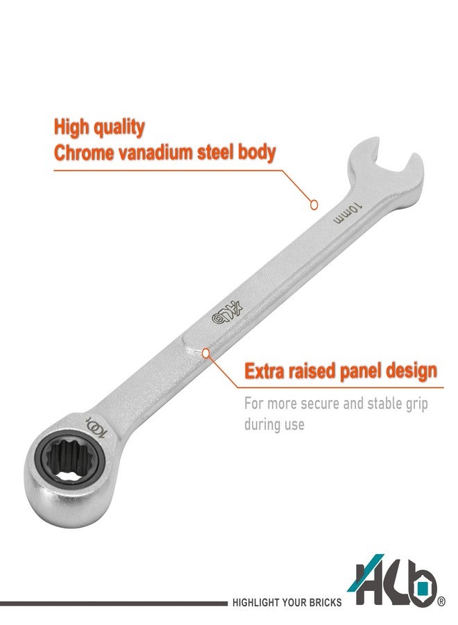 HB 10mm Ratcheting Combination Wrench WDM010-U | 100-Tooth 12-Point Box End 15° Offset Head | Pass-Through Design for Long Bolts | Chrome Vanadium Steel Matte Finish Professional Tool Made in Taiwan - Image 4