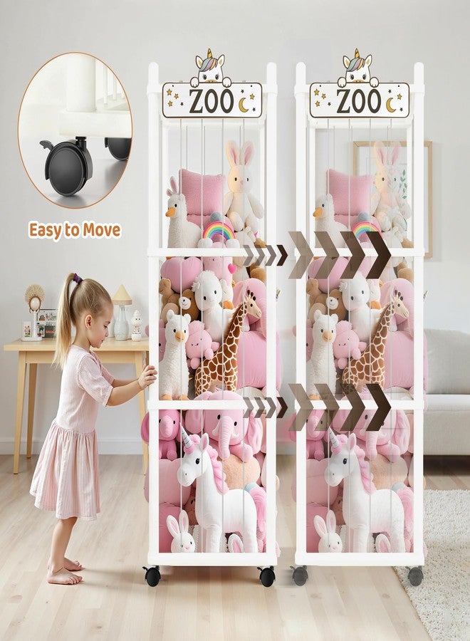 Vecxoty Stuffed Animal Storage Zoo Tower,56In Wooden Large Stuffed Animal Holder Organizer with Wheels,Stuffy Plushies Storage with Elastic Band&Mesh Bottom,Toy Storage Organizers for Playroom Nursery（White） - Image 5