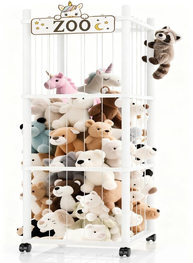 Vecxoty Stuffed Animal Storage Zoo Tower,56In Wooden Large Stuffed Animal Holder Organizer with Wheels,Stuffy Plushies Storage with Elastic Band&Mesh Bottom,Toy Storage Organizers for Playroom Nursery（White） - Image 1