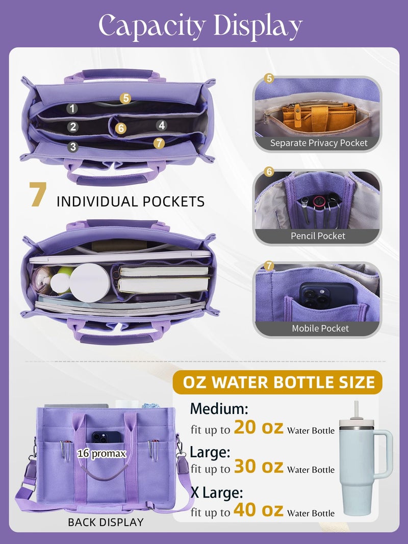 FIORETTO Canvas Tote Bag for Women with Zipper Closure & Individual Compartments for Work College, Crossbody Laptop Tote Purse Handbag with Detachable Strap & Bottom Support for Teacher Nurse Purple - Image 3