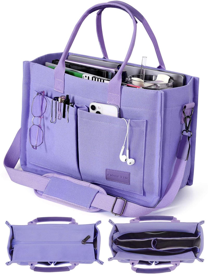 FIORETTO Canvas Tote Bag for Women with Zipper Closure & Individual Compartments for Work College, Crossbody Laptop Tote Purse Handbag with Detachable Strap & Bottom Support for Teacher Nurse Purple - Image 1