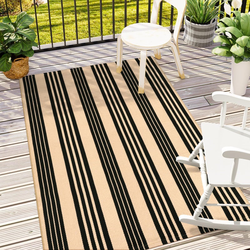 Black and Tan Outdoor Rug 4x6ft Cotton Farmhouse Striped Porch Rugs HandWoven Front Door Mat Modern Patio Rug Washable IndoorOutdoor Area Rugs for Living Room Bedroom Balcony Backyard